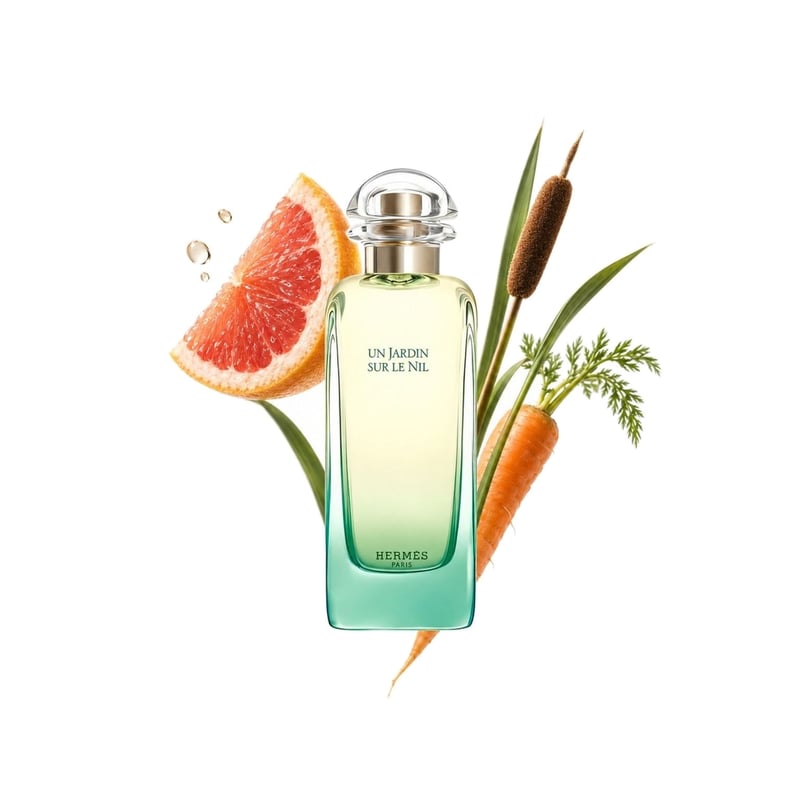 Un Jardin Sur Le Nil by Hermès, bottle pictured with its key notes: Grapefruit, Carrot and Bulrush