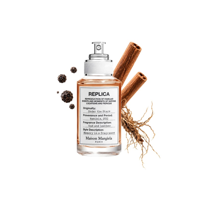 Under the Stars by Maison Margiela, bottle pictured with its key notes: Black Pepper, Cinnamon and Cypriol