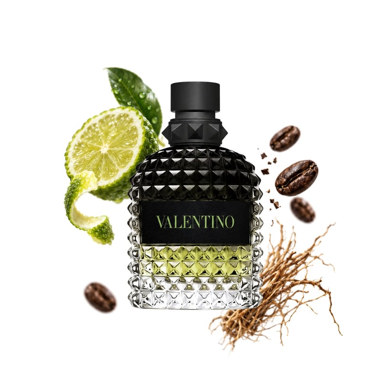 Uomo Born in Roma Green Stravaganza by Valentino, bottle pictured with its key notes: Calabrian Bergamot, Coffee and Vetiver