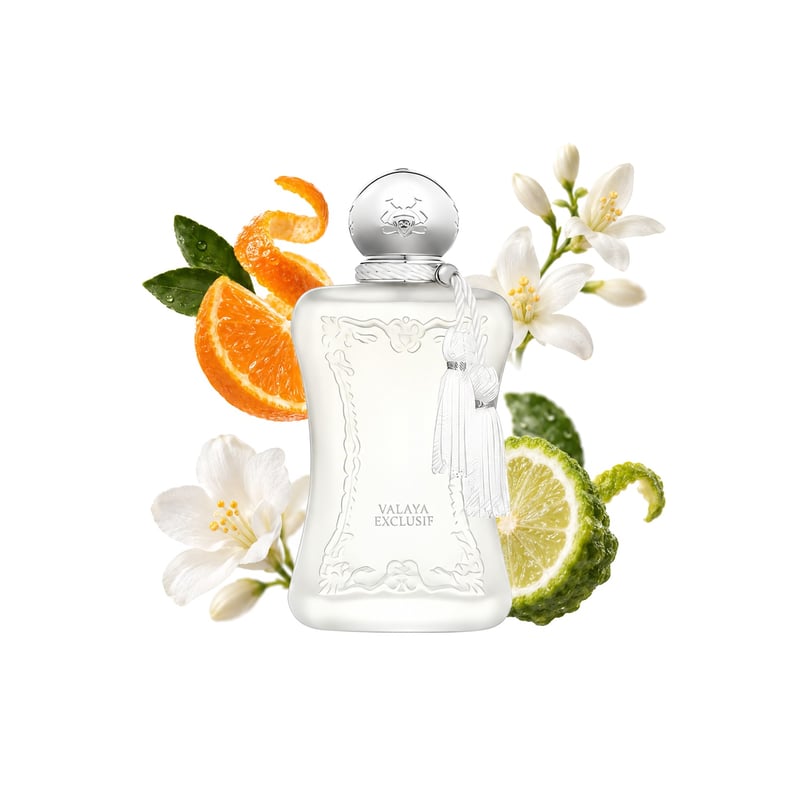 Valaya Exclusif by Parfums de Marly, bottle pictured with its key notes: Mandarin Orange, Bergamot and White Flowers