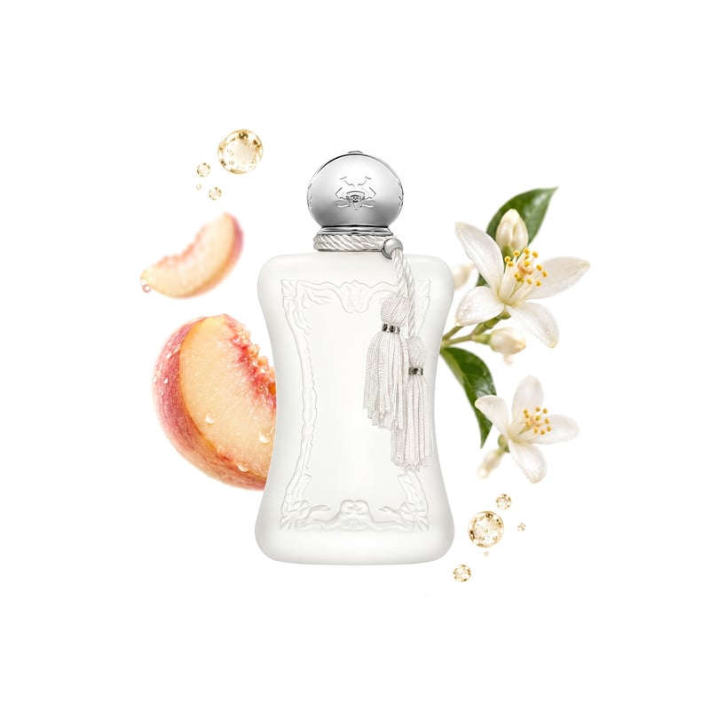 Valaya by Parfums de Marly, bottle pictured with its key notes: Aldehydes, White Peach and Orange Blossom