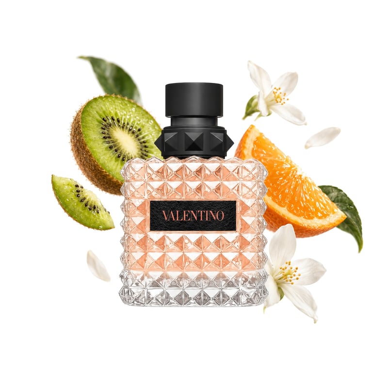 Valentino Donna Born In Roma Coral Fantasy by Valentino, bottle pictured with its key notes: Kiwi, Brazilian Orange and Indian Jasmine