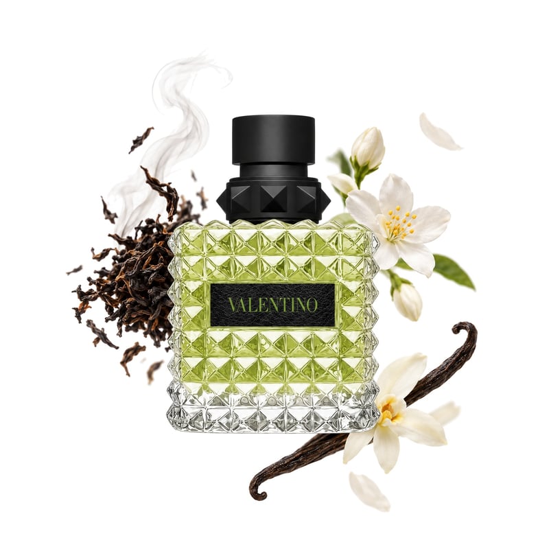 Valentino Donna Born in Roma Green Stravaganza by Valentino, bottle pictured with its key notes: Lapsang Souchong Tea, Jasmine and Vanilla