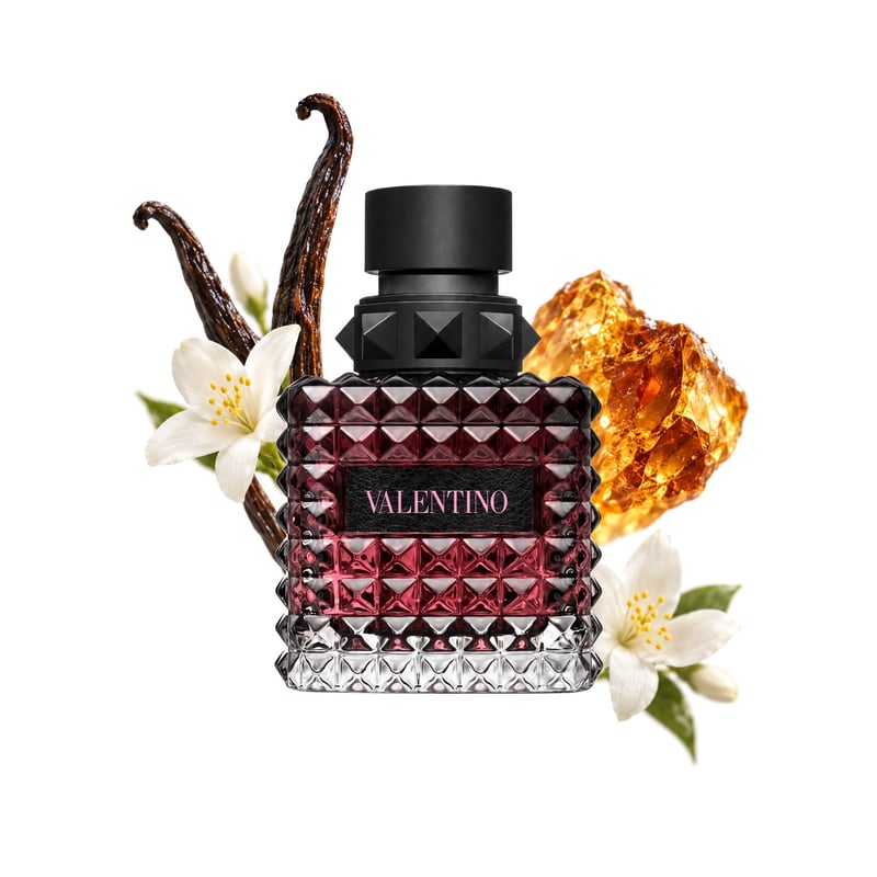 Valentino Donna Born In Roma Intense by Valentino, bottle pictured with its key notes: Bourbon Vanilla, Amber and Jasmine