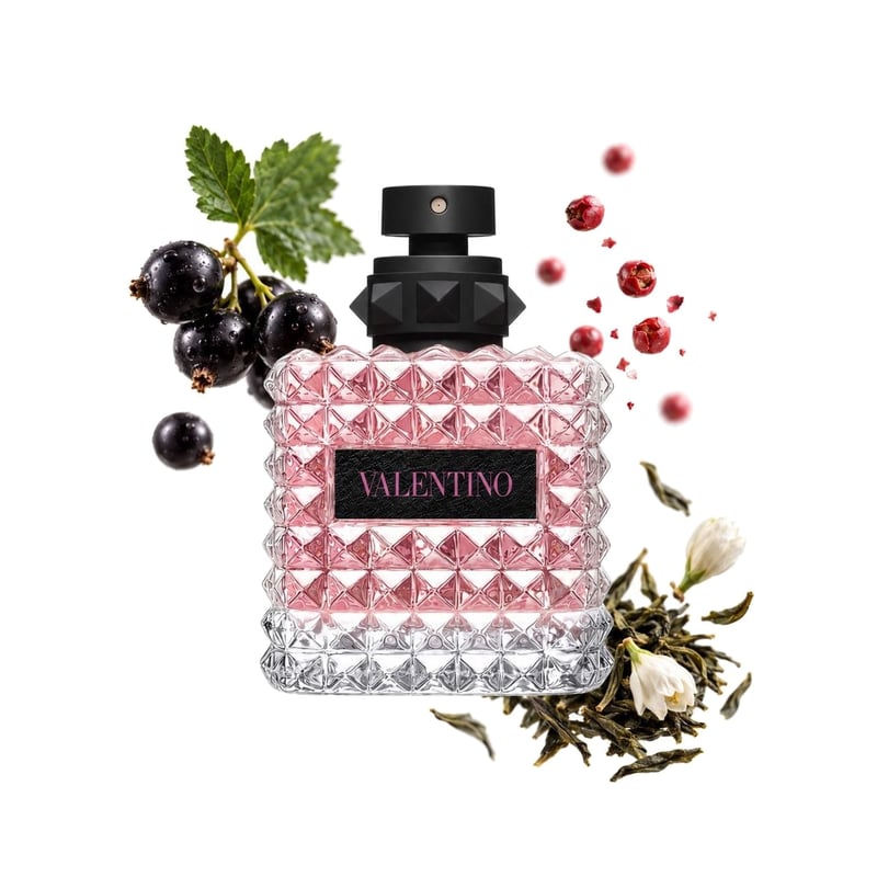 Valentino Valentino Donna Born In Roma, flakon a jeho klíčové tóny: Černý rybíz, Růžový pepř a Jasmínový čaj