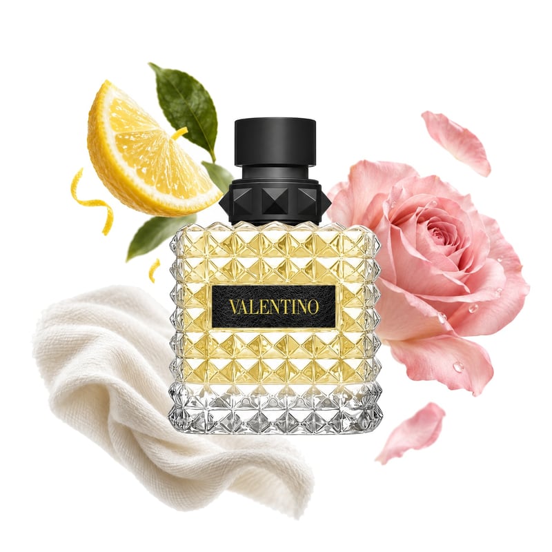 Valentino Donna Born In Roma Yellow Dream by Valentino, bottle pictured with its key notes: Lemon, Rose and White Musk