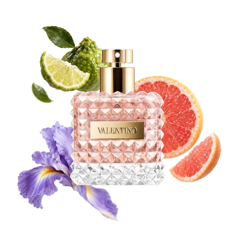 Valentino Donna by Valentino, bottle pictured with its key notes: Bergamot, Grapefruit and Iris