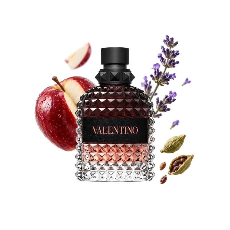Valentino Uomo Born In Roma Coral Fantasy by Valentino, bottle pictured with its key notes: Red Apple, Cardamom and Lavender