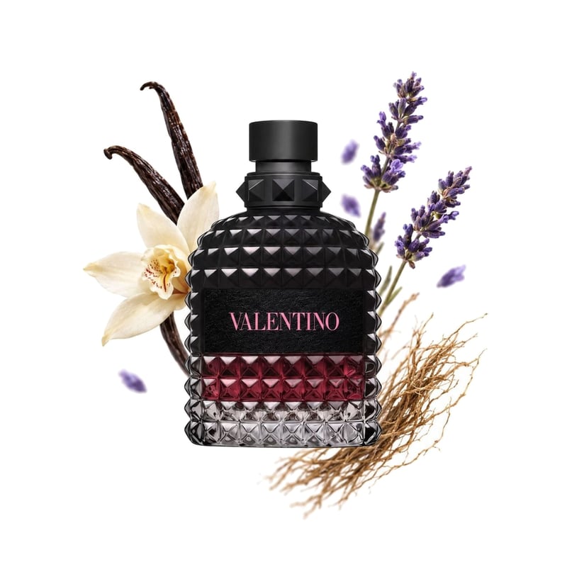 Valentino Uomo Born In Roma Intense by Valentino, bottle pictured with its key notes: Vanilla, Lavender and Vetiver