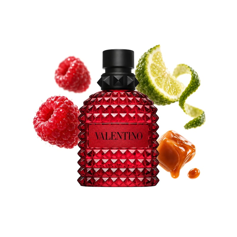 Uomo Born in Roma Rendez-Vous Ruby by Valentino, bottle pictured with its key notes: Raspberry, Bergamot and Gourmand Accord
