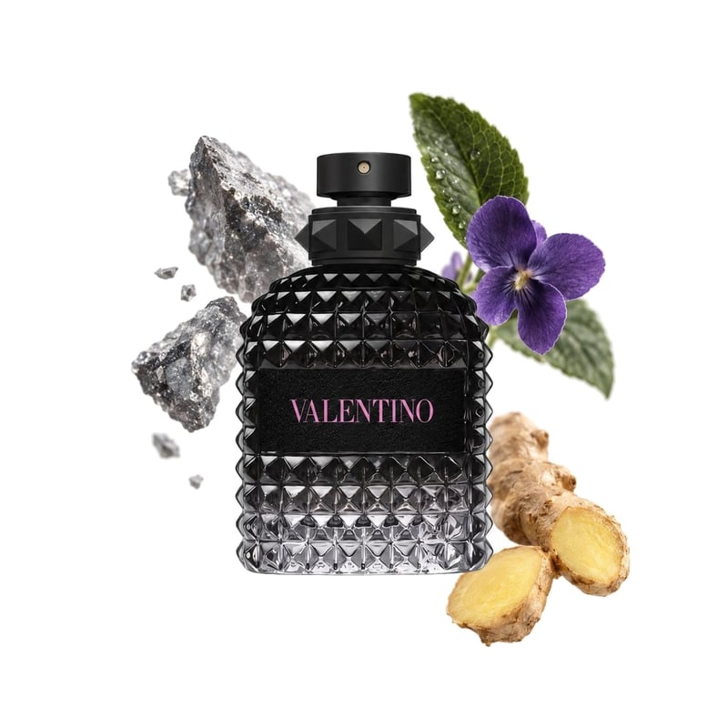 Valentino Uomo Born in Roma by Valentino, bottle pictured with its key notes: Mineral Notes, Violet Leaf and Ginger