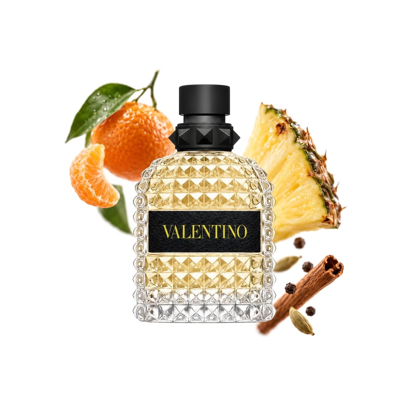 Uomo Born In Roma Yellow Dream von Valentino, Flakon mit seinen Hauptnoten: Mandarine, Ananas und Gewürze