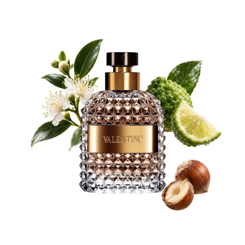 Valentino Uomo by Valentino, bottle pictured with its key notes: Myrtle, Bergamot and Hazelnut