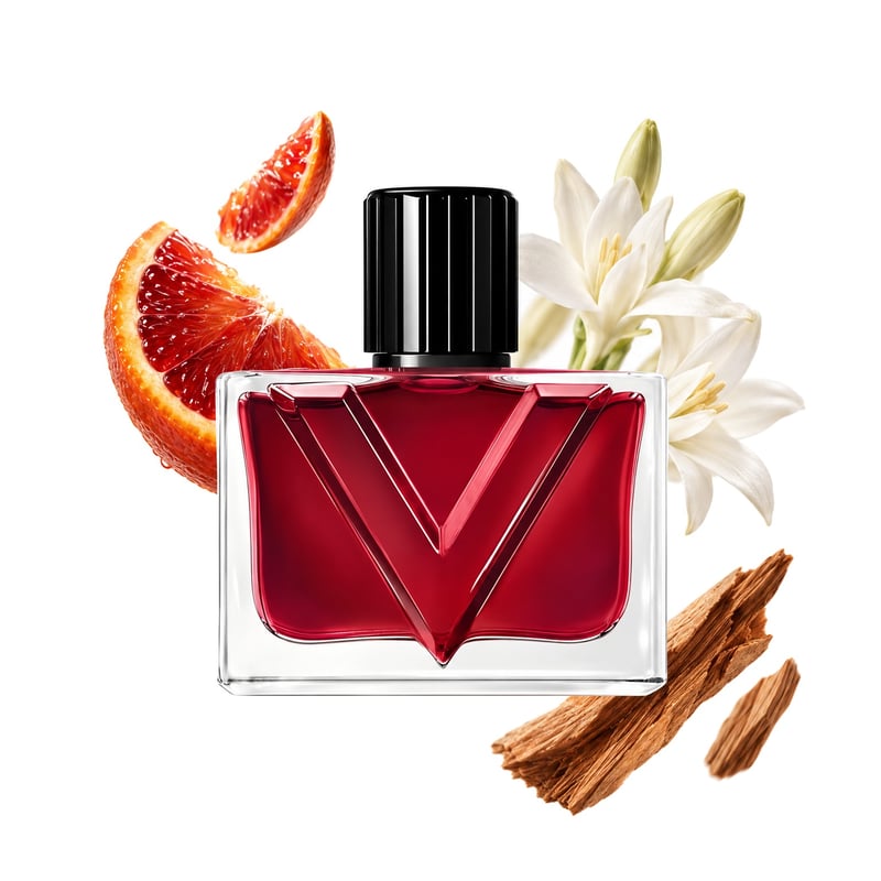 Vendetta Donna von Valentino, Flakon mit seinen Hauptnoten: Blutorange, Tuberose und Sandelholz