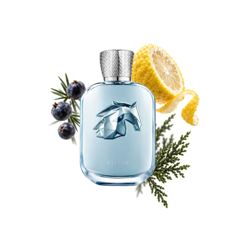 Valero by Parfums de Marly, bottle pictured with its key notes: Juniper Berries, Citron and Cypress