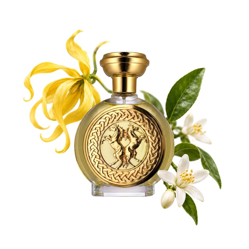 Valiant by Boadicea The Victorious, bottle pictured with its key notes: Ylang-ylang, Petitgrain and Orange Blossom