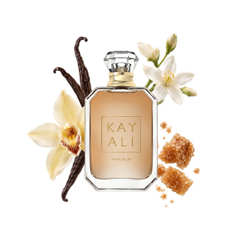 Vanilla | 28 by Kayali, bottle pictured with its key notes: Vanilla Orchid, Jasmine and Brown Sugar
