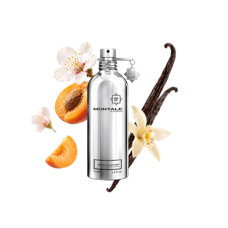 Vanilla Extasy by Montale, bottle pictured with its key notes: Apricot, Apricot Blossom and Vanilla