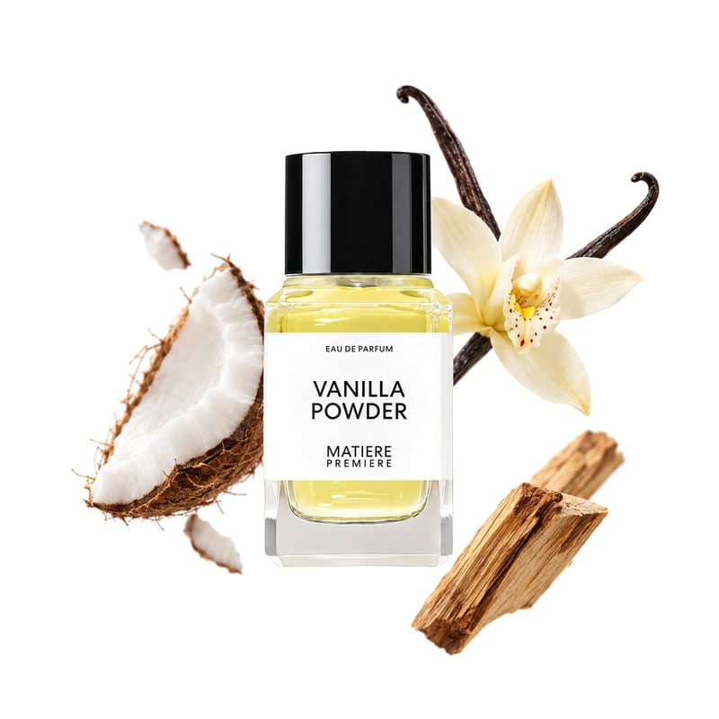 Vanilla Powder di Matiere Premiere, flacone con le sue note principali: Cocco, Vaniglia e Palo Santo