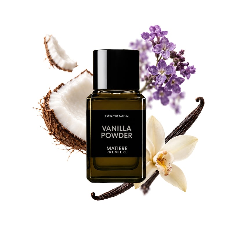 Vanilla Powder Extrait de Matiere Premiere, frasco con sus notas principales: Coco, Heliotropo y Vainilla de Madagascar