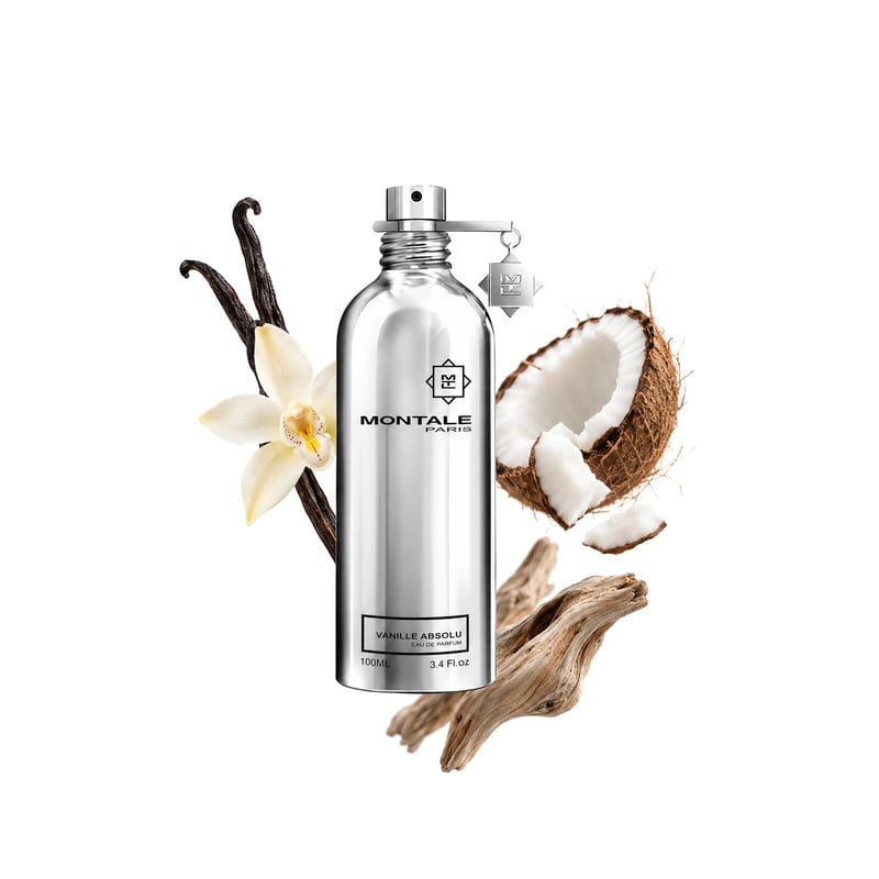 Vanille Absolu by Montale, bottle pictured with its key notes: Vanilla, Coconut and Woody Notes