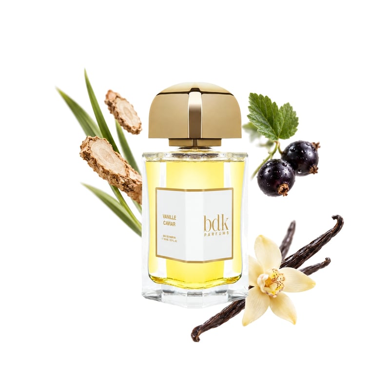 Vanille Caviar by BDK Parfums, bottle pictured with its key notes: Calamus, Cassis and Vanilla