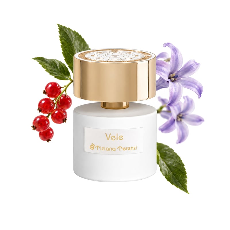 Vele by Tiziana Terenzi, bottle pictured with its key notes: Green Leaves, Red Currant and Hyacinth
