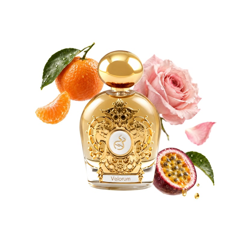 Velorum by Tiziana Terenzi, bottle pictured with its key notes: Mandarin Orange, Rose and Passionfruit