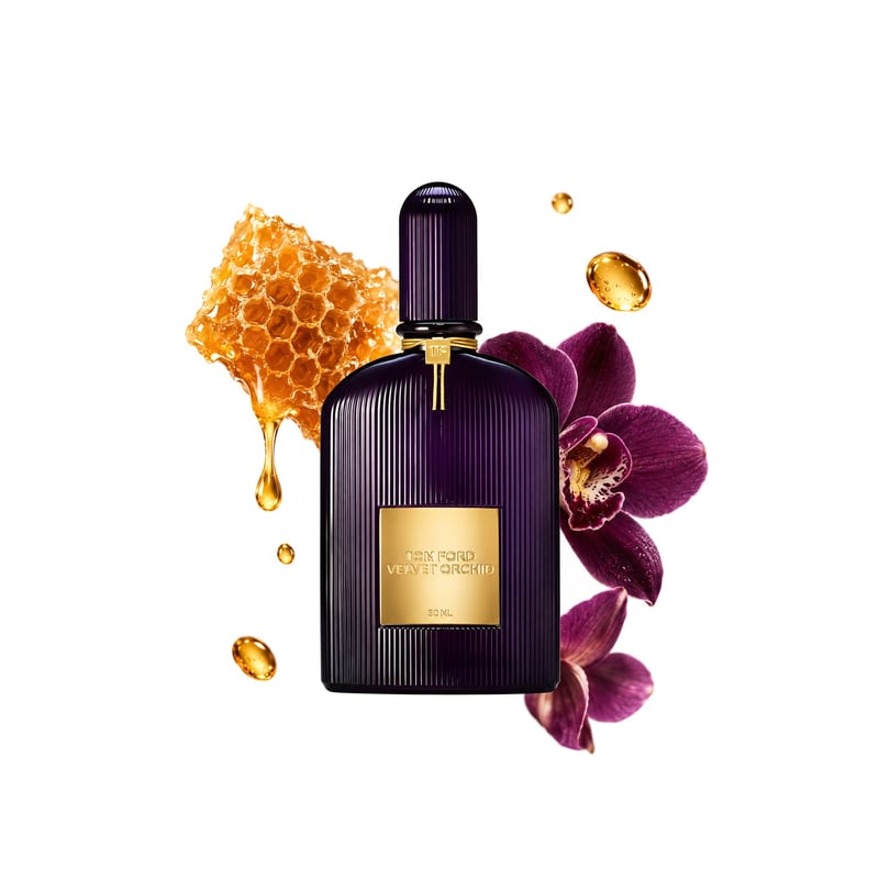 Velvet Orchid de la Tom Ford, flacon alături de notele principale: Miere, Rom și Orhidee
