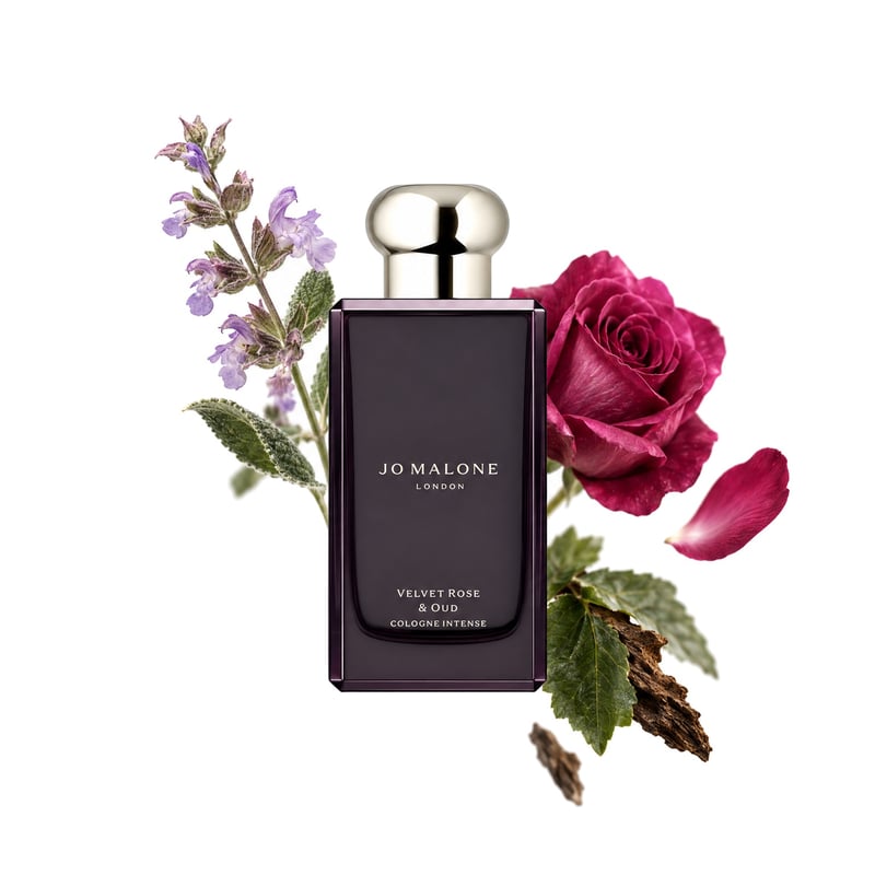Velvet Rose Oud by Jo Malone London, bottle pictured with its key notes: Clary Sage, Rose and Patchouli