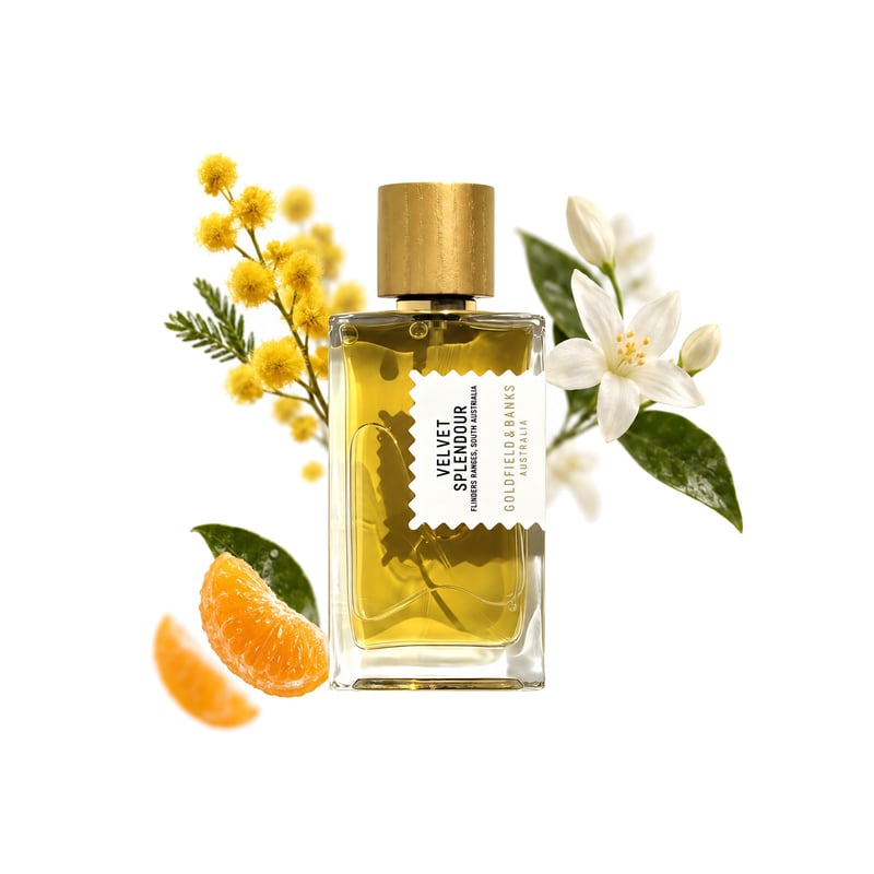 Velvet Splendour de Goldfield & Banks, frasco con sus notas principales: Mimosa, Mandarina y Jazmín sambac