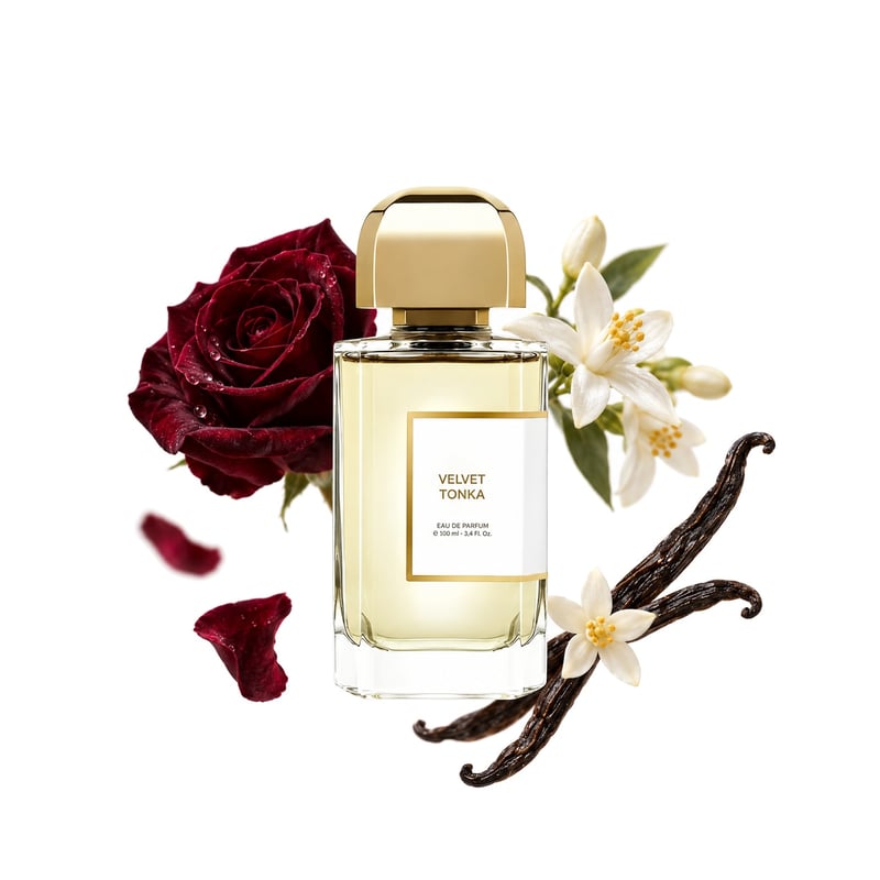 Velvet Tonka de BDK Parfums, flacon entouré de ses notes clés : Rose noire, Fleur d’oranger d’Afrique et Vanille bourbon