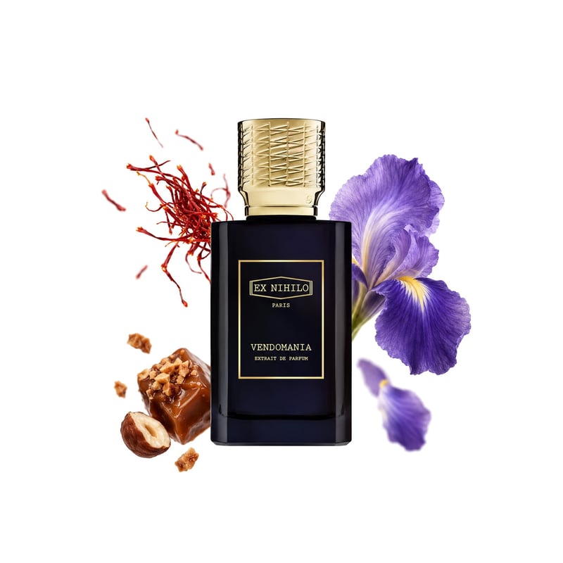 Vendomania Extrait by Ex Nihilo, bottle pictured with its key notes: Saffron, Iris and Praline