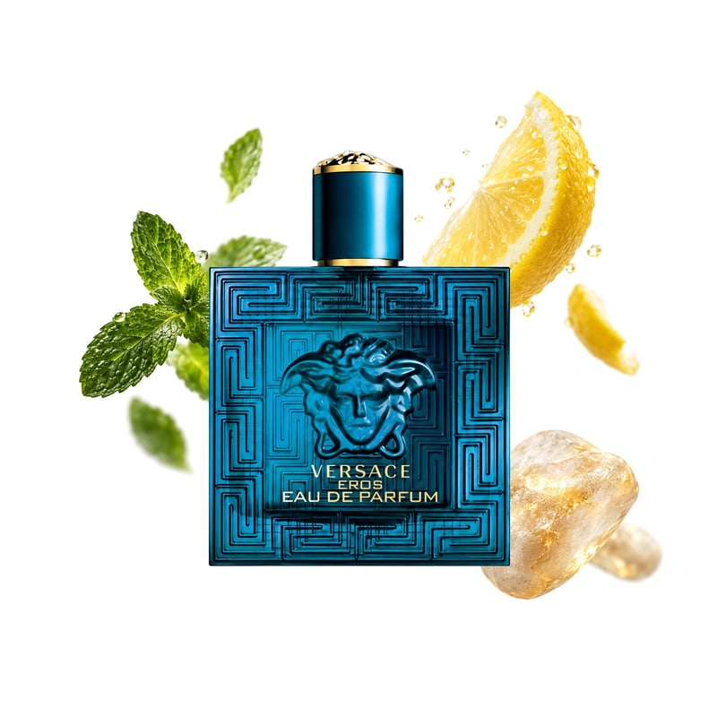 Eros Eau de Parfum de la Versace, flacon alături de notele principale: Mentă, Lămâie și Ambroxan