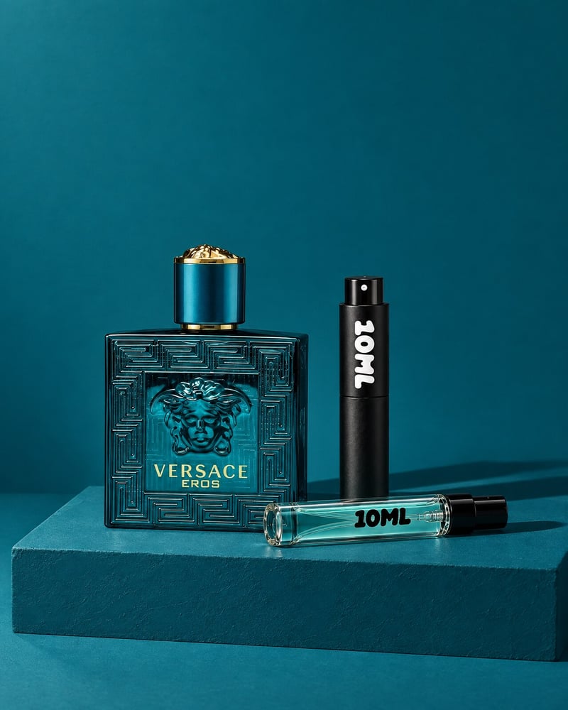 Versace Eros with a 10ML travel atomiser and a 10ML refill vial on a green plinth