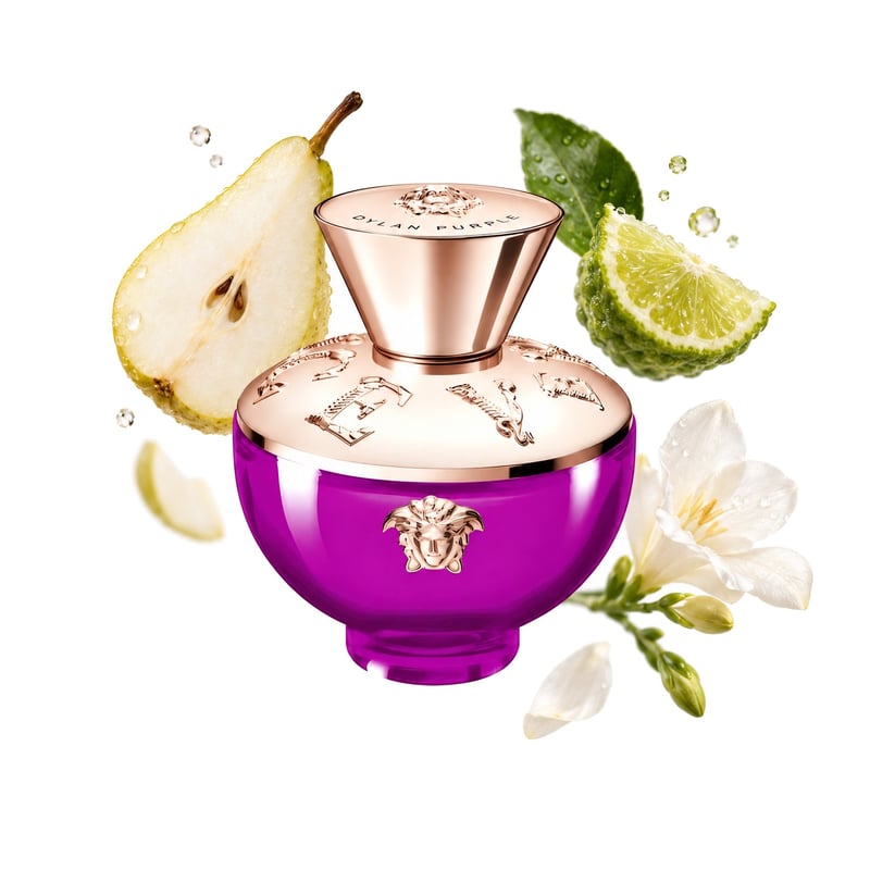 Versace Pour Femme Dylan Purple by Versace, bottle pictured with its key notes: Pear, Bergamot and Freesia