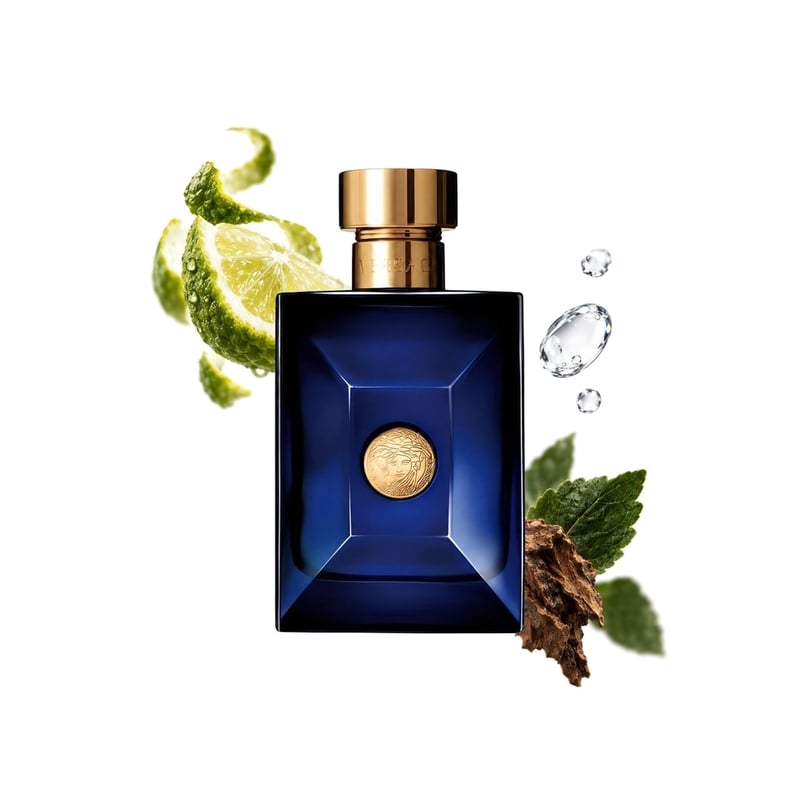 Versace Pour Homme Dylan Blue by Versace, bottle pictured with its key notes: Calabrian Bergamot, Water Notes and Patchouli