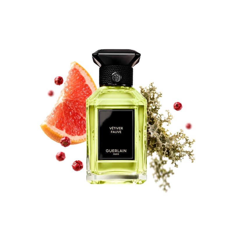 Vétiver Fauve by Guerlain, bottle pictured with its key notes: Pink Pepper, Grapefruit and Oakmoss