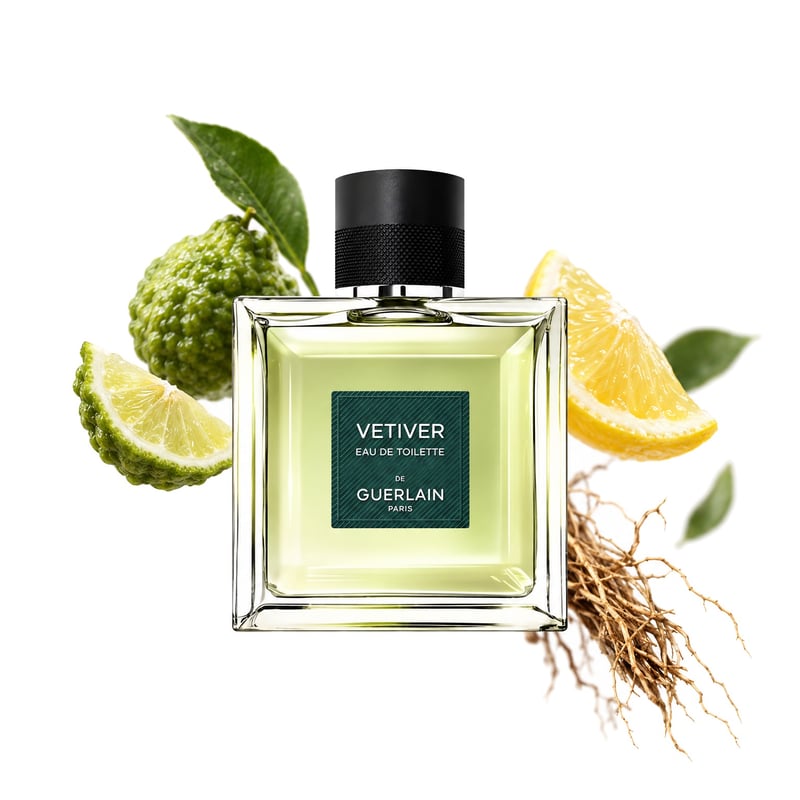 Vétiver by Guerlain, bottle pictured with its key notes: Bergamot, Lemon and Vetiver