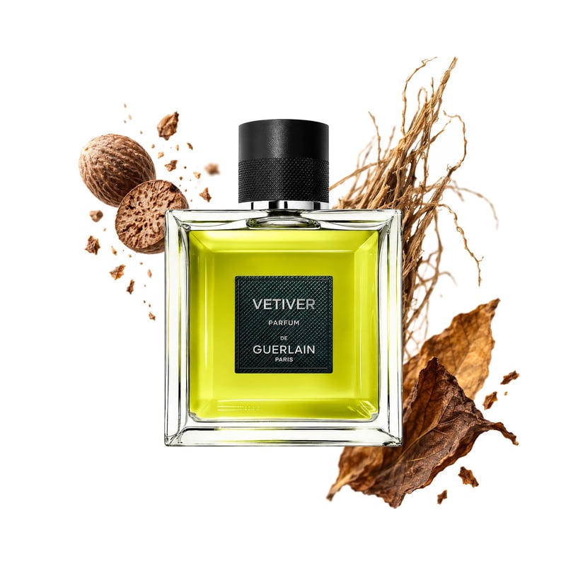 Vetiver Parfum του οίκου Guerlain, φιάλη με τις κύριες νότες της: Μοσχοκάρυδο, Βετιβέρ και Καπνός