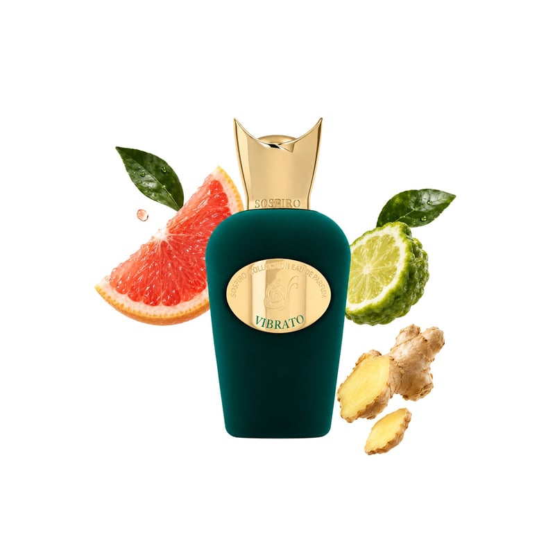 Vibrato by Sospiro, bottle pictured with its key notes: Grapefruit, Bergamot and Ginger