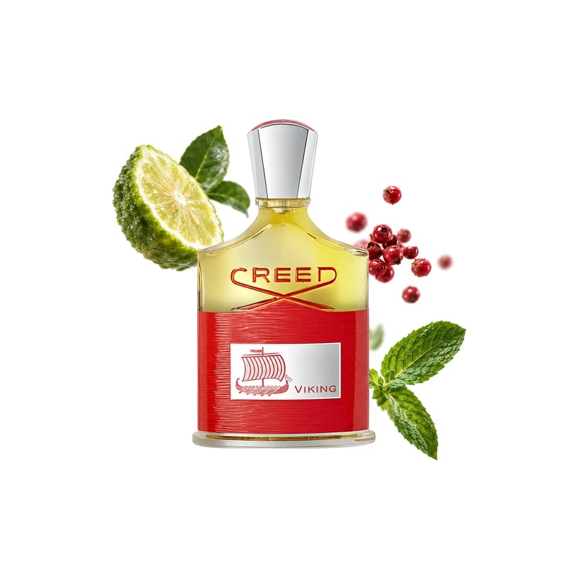 Viking by Creed, bottle pictured with its key notes: Bergamot, Pink Pepper and Peppermint