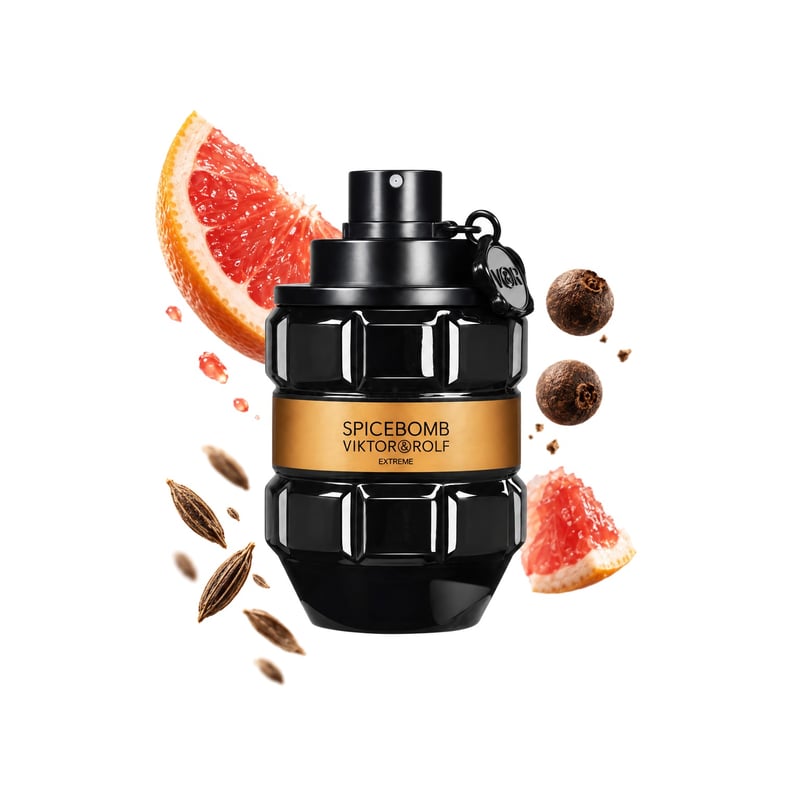 Spicebomb Extreme fra Viktor & Rolf, flaske afbildet med sine vigtigste duftnoter: Grapefrugt, Allehånde og Spidskommen