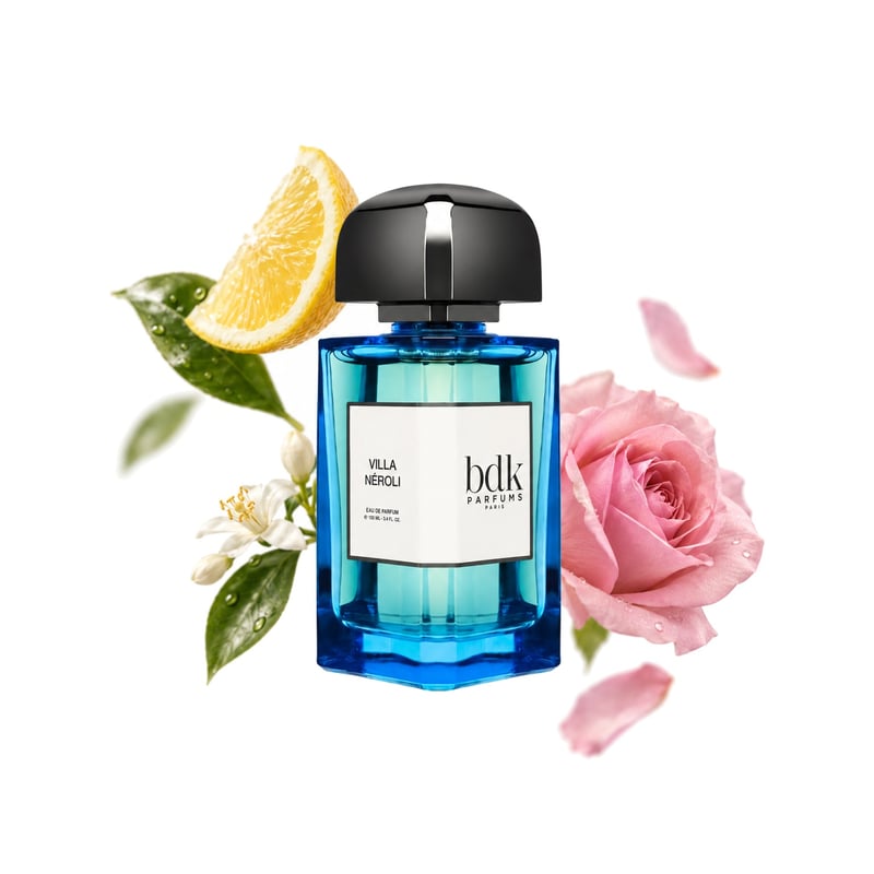 BDK Parfums Villa Neroli, az üveg és fő illatjegyei: Citrom, Petitgrain és Bolgár rózsa