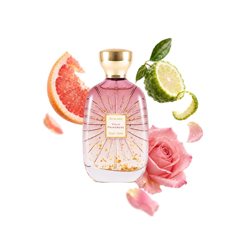 Villa Primerose by Atelier des Ors, bottle pictured with its key notes: Grapefruit, Bergamot and Rose