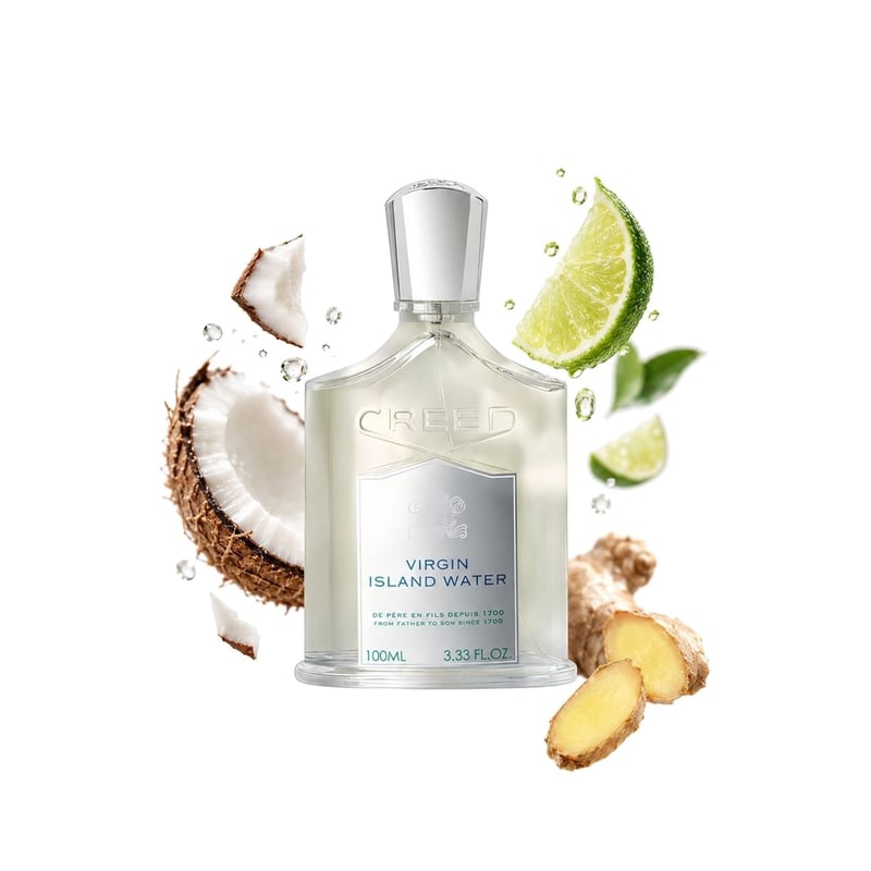 Virgin Island Water by Creed, bottle pictured with its key notes: Coconut, Lime and Ginger