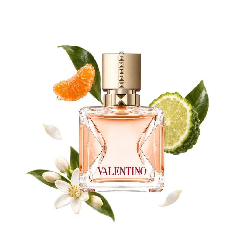 Voce Viva Intensa de Valentino, flacon entouré de ses notes clés : Mandarine, Bergamote et Fleur d’oranger