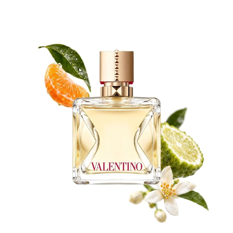 Voce Viva by Valentino, bottle pictured with its key notes: Mandarin Orange, Bergamot and Orange Blossom