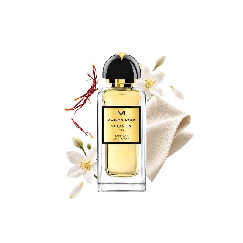 Volantis 685 by Maison Noir, bottle pictured with its key notes: Saffron, White Leather and Jasmine