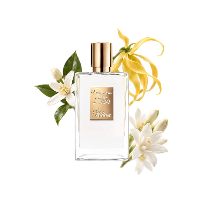 Voulez-Vous Coucher Avec Moi by By Kilian, bottle pictured with its key notes: Neroli, Ylang-ylang and Tuberose